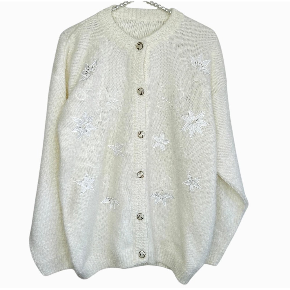 Vintage Christmas Holiday Cardigan Sweater XL‎ Beaded Poinsettia Grandma Retro
